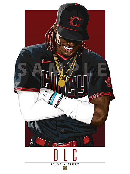 Illustration of one of baseballs most exciting new stars, Cincinnati's rookie sensation and fan favorite the electricfying Elly De La Cruz in the new City Connect jersey!