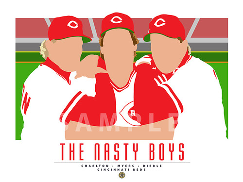 Limited and numbered series by nationally recognized sports artist Steve Douglas. The Nasty Boys are Rob Dibble Norm Carlton, and Randy Myers.

Each print is numbered and signed by the artist and printed on high-quality, bright-white,
matte-finish paper. Perfect for autographs and ready for framing.
Numbers cannot be requested.