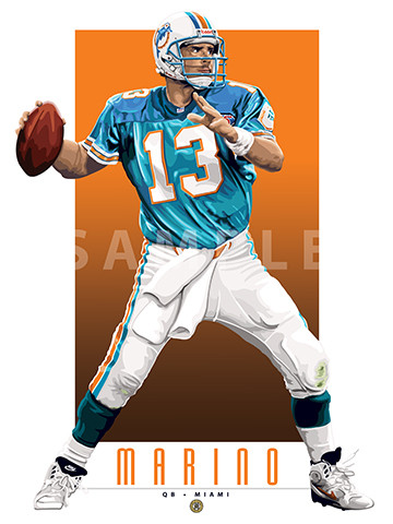Illustration of a person widely considered one of the greatest quarterbacks of all time Hall of Famer Dan Marino!

Each print is in mint condition and professionally printed on heavyweight cover stock paper, perfect for autographs. 

This print is a great gift idea for Christmas, Father's Day, Mother's Day, Valentine's Day, Birthday, Anniversary, or any occasion!