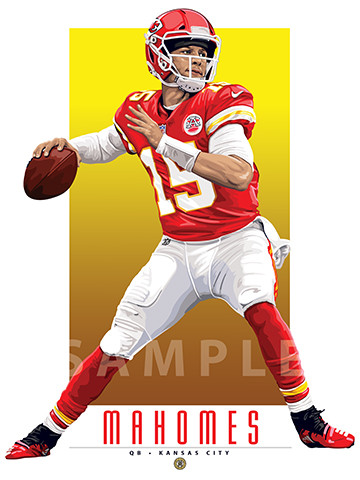 Illustration of one of football’s most exciting new stars, Miami’s rookie sensation and fan favorite, the electrifying Patrick Mahommes!

Each print is in mint condition and professionally printed on heavyweight cover stock paper, perfect for autographs. 

This print is a great gift idea for Christmas, Father's Day, Mother's Day, Valentine's Day, Birthday, Anniversary, or any occasion!