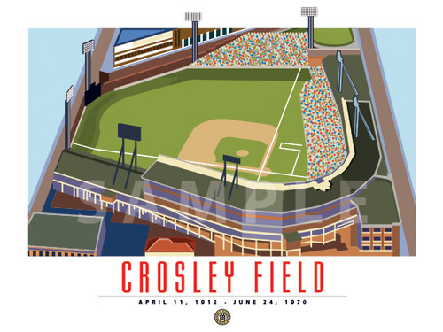 Illustration of one of baseballs most iconic ballparks of the past and home of the first night game in baseball history, Cincinnati's Crosley Field.