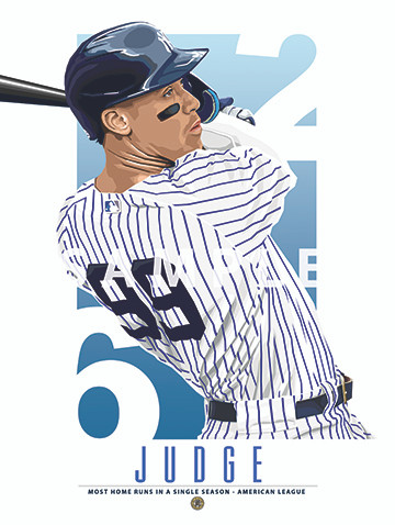 Illustration of one of baseball’s most exciting new stars, celebrating New York Yankees Aaron Judge's season of  62 home runs.