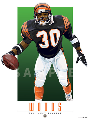 Illustration of one of football's  Fan Favorite Ickey Woods of the Cincinnati Bengals doing the Ickey Shuffle.