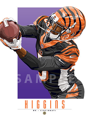 Illustration of one of football’s most exciting stars, and fan favorite, the electrifying Tee Higgins of the Cincinnati Bengals!