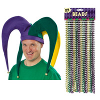 Mardi Gras Jester Hat & Beads Accessory Bundle