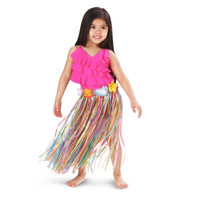 Child Multi-color Artificial Grass Hula Skirt with Floral Waistband