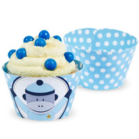 Sock Monkey Blue Reversible Cupcake Wrappers (12)