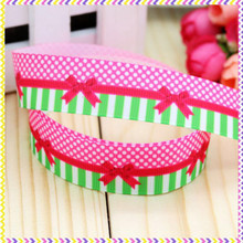 1 Metre GREEN STRIPE WITH PINK BOW Grossgrain 22mm Ribbon - FREE POST
