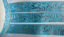 1 Metre BLUE WITH SILVER SWIRLS Grossgrain 25mm Ribbon - FREE POST