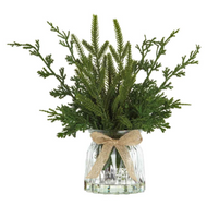 Mixed Pine in Glass Vase Red and White 11"