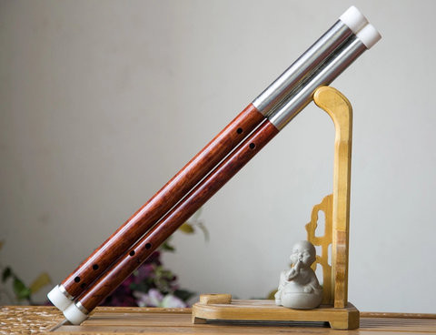 Exquisite Chinese Free Reed Flute Rosy Sandalwood Bawu Instrument Double Tube