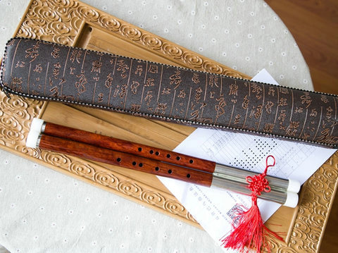 Exquisite Chinese Free Reed Flute Rosy Sandalwood Bawu Instrument Double Tube