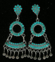 Zuni Turquoise Multi-Inlay Flower Circle Fan Dangle Screwback Pawn Earrings Dishta SOLD