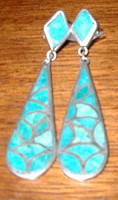 ZUNI TURQUOISE DANGLE INLAY PAWN EARRINGS ZTDIPE43 SOLD