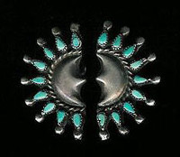 EARRINGS ZUNI TURQUOISE TEARDROP SHAPED SILVER CRESCENT MOON SHAPED HALF CIRCLE PAWN SCREWBACK