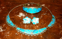 Zuni Rare Pawn Blue Gem Turquoise Inlay Choker Necklace Earring Bracelet Set 