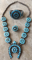 Zuni Inlay Turquoise Floral Necklace Bracelet & Ring Set_11