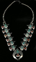 Zuni Peyote Bird Necklace Chip Inlay Turquoise & Coral SOLD