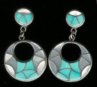 EARRINGS ZUNI MULTI-COLOR ROUND DANGLE TURQUOISE & MOTHER OF PEARL HOOPS SOLD