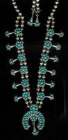 SQUASH BLOSSOM NECKLACE_40 BERNARD BOWEKATY PAWN ZUNI TURQUOISE PETTIPOINT BELL NECKLACE  SOLD