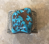 BRACELETS NAVAJO MASSIVE RED MOUNTAIN TURQUOISE STONE STERLING STAMPED WIDE CUFF SUNSHINE REEVES 