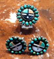 RINGS EARRINGS ZUNI SET SILVER TURQUOISE JET SPINY OYSTER SHELL MOTHER OF PEARL MULTI-COLOR INLAY PAWN SOLD