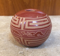 Pottery Santa Clara Miniature Red Round Incised Avanyu Rosemary Lonewolf Appleblossom