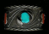 Navajo Silver Turquoise & Coral Pawn Bracelet NSTCPB2  6 3/4"