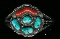 Navajo Silver Turquoise & Coral Pawn Bracelet NSTCPB6 SOLD