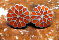 EARRINGS ZUNI CORAL MULTI-INLAY ROUND FLORAL PAWN SCREWBACK SOLD