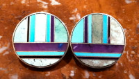 EARRINGS NAVAJO SILVER VARACITE TURQUOISE SUGILITE INLAY ROUND RAY TRACEY