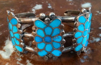 BRACELETS ZUNI SILVER TURQUOISE INLAY FLORAL PATTERN DESIGN Dishta 6 1/4” BZSTIFPDD1 4380