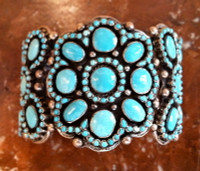 BRACELETS ZUNI SILVER TURQUOISE INLAY FLORAL PATTERN DESIGN Virgil Dishta SOLD