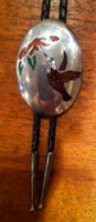 BOLO ZUNI SILVER TURQUOISE & CORAL CHIP INLAY WOOD HUMMINGBIRD PAWN ANDREW DEWA SOLD