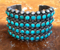 BRACELETS ZUNI HEAVY SILVER ROUND 1940'S 4 VERTICAL ROWS 12 HORIZONTAL STONES EACH ROW 48 TOTAL STONES BLUE GEM PAWN TURQUOISE 6 5/8"