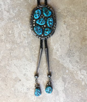 BOLO TIES NAVAJO OVAL SILVER TURQUOISE NUGGET WITH NUGGET TIPS