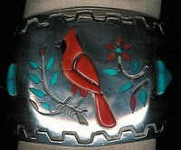 Zuni Multi-Inlay Cardinal Pawn Sterling Silver Domed Bracelet W. Silvers SOLD