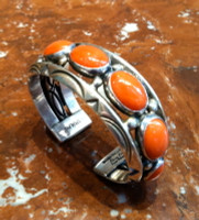 BRACELETS NAVAJO SILVER CORAL 7 OVAL HORIZONTAL CABOCHONS Orville Tsinnie SOLD