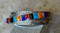 BRACELETS NAVAJO SILVER MULTI-COLOR INLAY Jimmy Wakins 6 1/2"