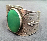 BRACELETS NAVAJO SILVER GREEN OVAL TURQUOISE 1940's PAWN FRED HARVEY ERA JEWELRY 7 1/8" SOLD