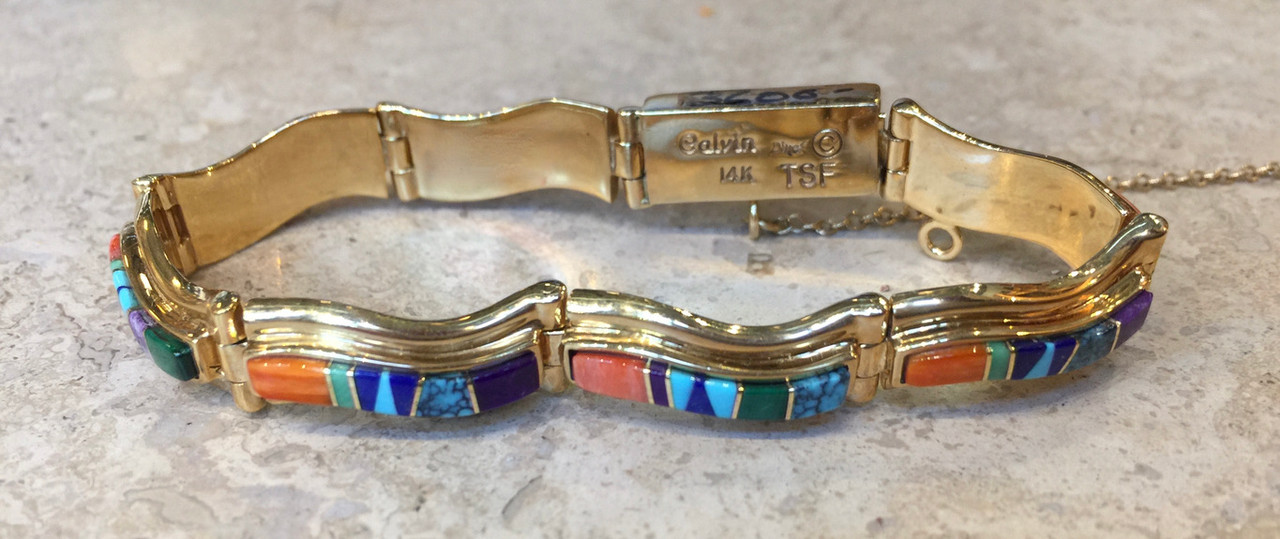 BRACELETS NAVAJO 14KT GOLD MULTI-COLOR INLAY LINK Calvin Begay