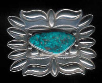 BELT BUCKLE NAVAJO SILVER REPOUSSE' TURQUOISE Edison Sandy Smith SOLD