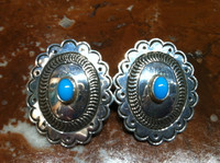 EARRINGS NAVAJO STAMPED SILVER OVAL CONCHO SLEEPING BEAUTY TURQUOISE SCALLOPED EDGES SOLD