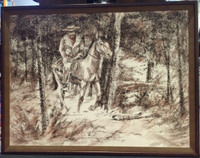 DAVID E. GARRISON 1970'S FRENCH CONTE CRAYON ORIGINAL HORSE & RIDER PAINTING SOLD