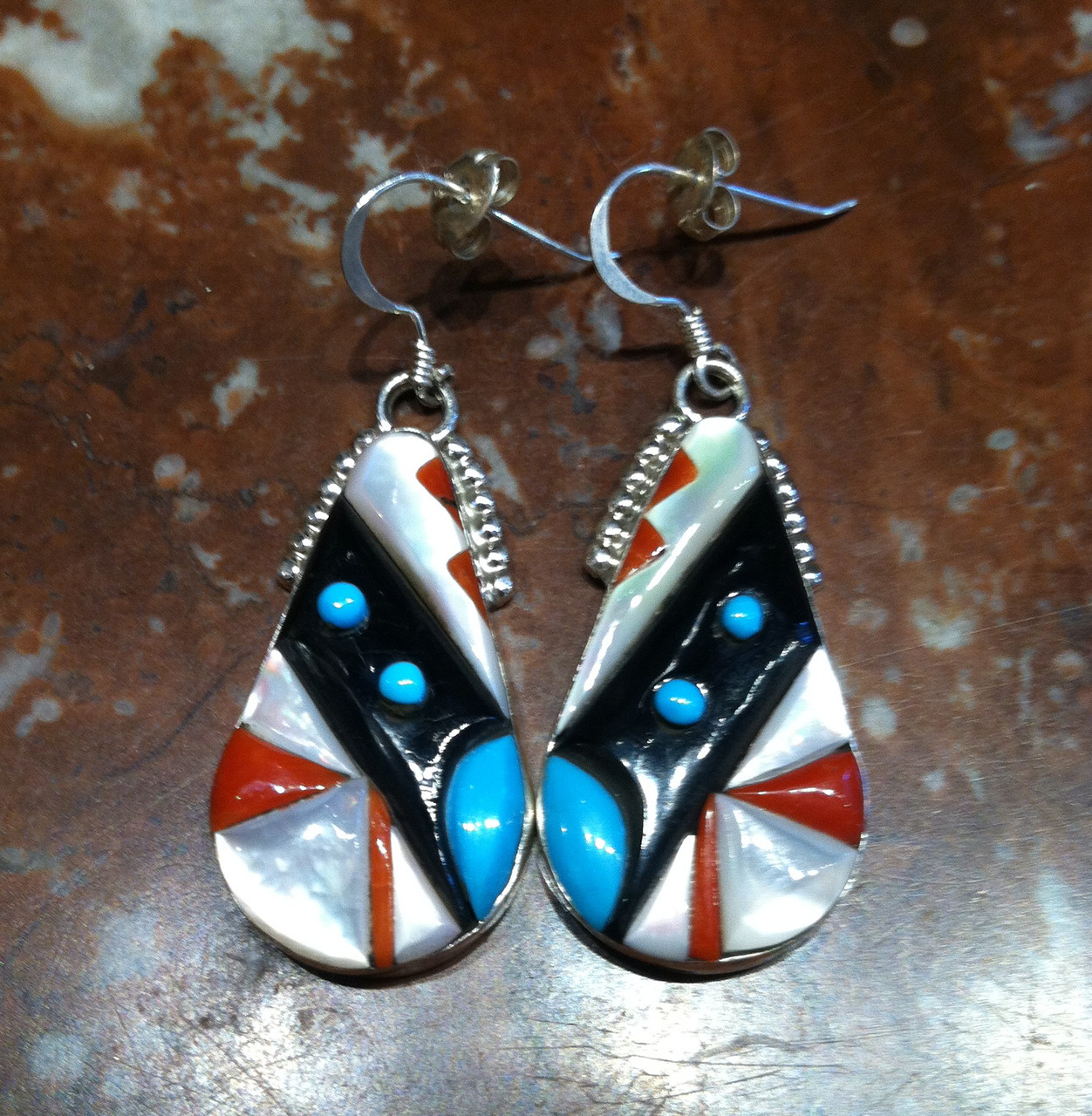 EARRINGS ZUNI TEARDROP SHAPED MULTI-COLOR RAISED INLAY FRENCH WIRE