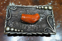 BELT BUCKLE  NAVAJO STYLE CORAL STERLING SILVER RECTANGULAR DH