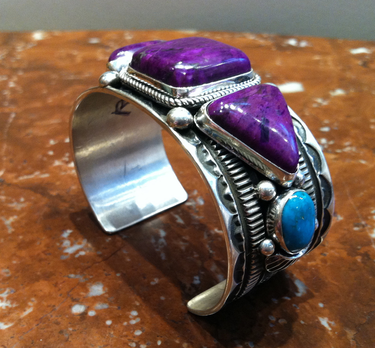 Bracelets Navajo Three Stone Sugilite Two Stone Turquoise Cabochon Silver  Wide Cuff Guy Hoskie_1 SOLD - Mudhead Gallery