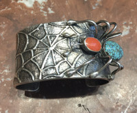 NAVAJO STERLING SILVER TUFA CAST SPIDER WEB BRACELET BURNHAM TURQUOISE & CORAL SOLD