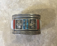 1970's Private Collection Zuni Mother Of Pearl Coral Turquoise Sterling Bracelet