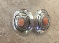 EARRINGS NAVAJO RARE ANGEL SKIN CORAL OVAL STERLING FEATHER PATTERN DESIGN HOWARD NELSON 